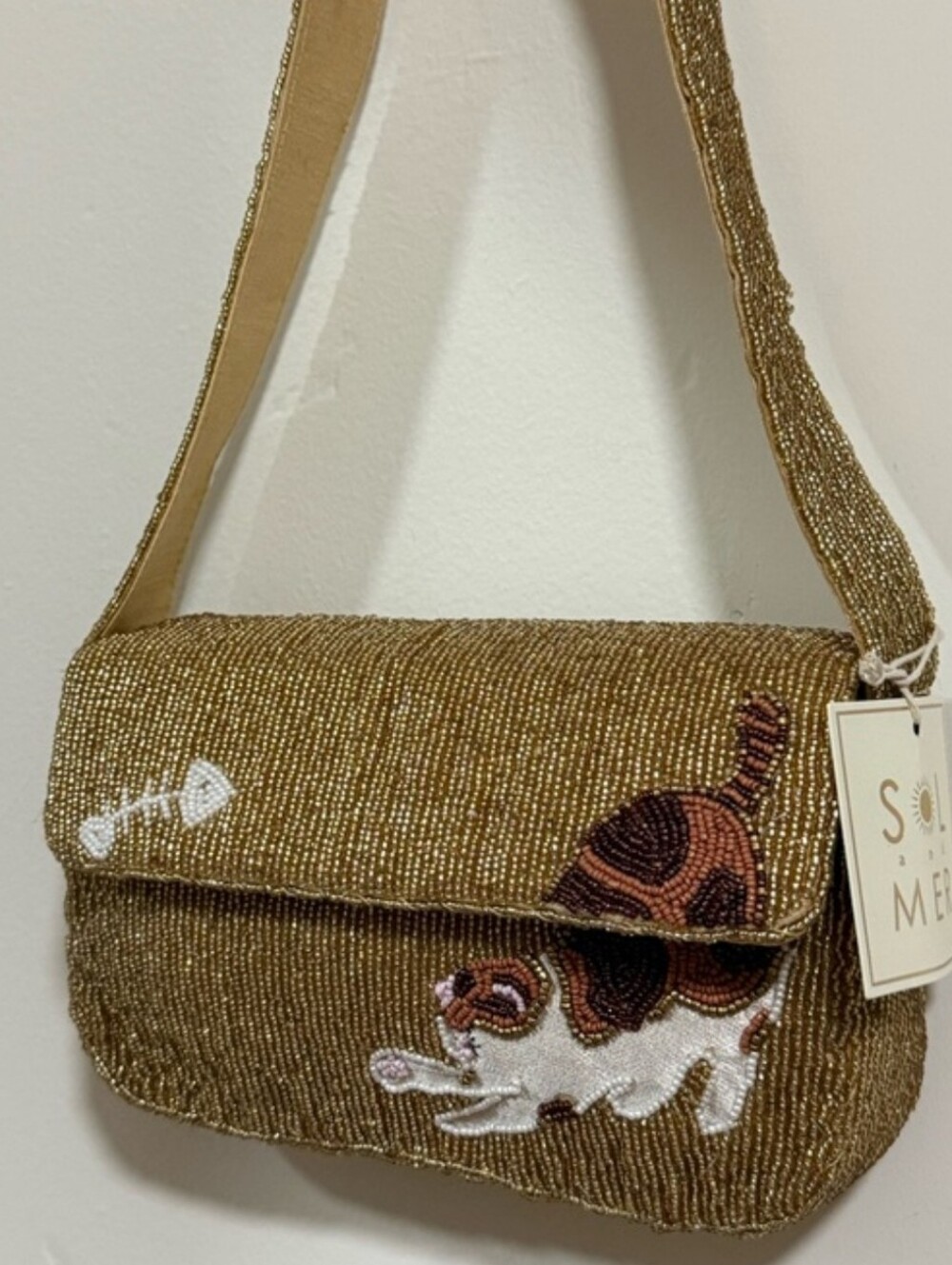 Cat Beaded Shoulder Bag in Gold Bnwt